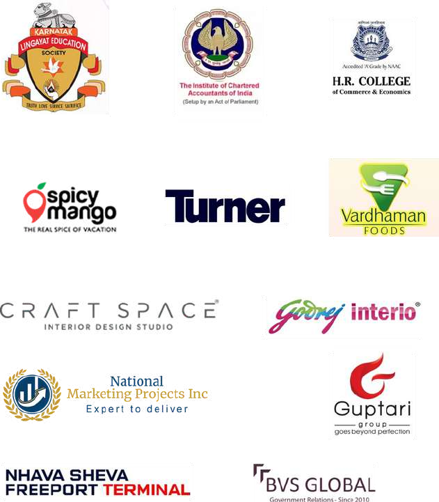 TTS clients including KLE Society, ICAI, HR College, Turner, Vardhaman Foods, Craft Space, Godrej Interio, National Marketing Projects, Guptari Group, Nhava Sheva Freeport Terminal, BVS Global